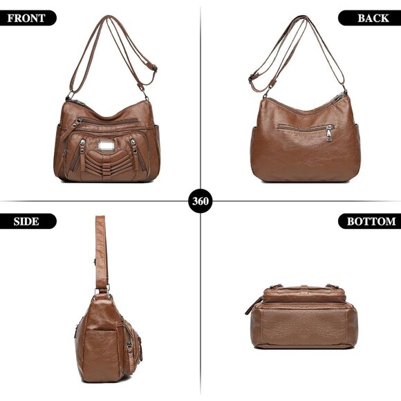 Women's Bronze Soft Pu Leather Multi-pocket Shoulder Bag Medium Cross-body Purse - Picture 7 of 8